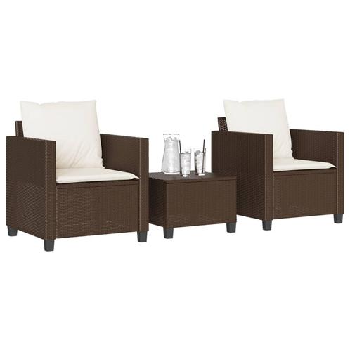 vidaXL 3-delige Bistroset met kussens poly rattan bruin, Tuin en Terras, Tuinsets en Loungesets, Nieuw, Rotan, Verzenden