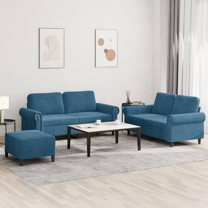 vidaXL 3-delige Loungeset met kussens fluweel blauw, Huis en Inrichting, Banken | Bankstellen, Nieuw, Stof, Vierpersoons of meer