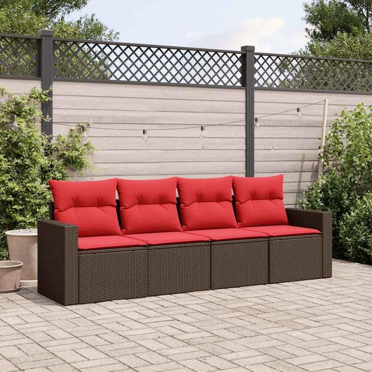 vidaXL 4-delige Loungeset met kussens poly rattan bruin, Tuin en Terras, Tuinsets en Loungesets, Loungeset, Nieuw, Rotan, Verzenden