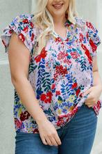 Fiery Red Plus Floral Print Ruffle Cap Sleeve V Neck Blouse, Verzenden, Nieuw