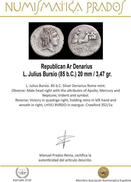 Romeinse Republiek. L. Iulius Bursio, 85 a.C.. Denarius Roma, Postzegels en Munten, Munten | Europa | Niet-Euromunten
