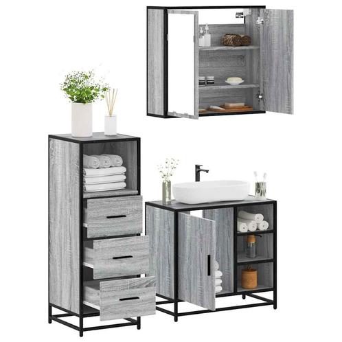 vidaXL 3-delige Badkamermeubelset bewerkt hout grijs sonoma, Huis en Inrichting, Badkamer | Badkamermeubels, Nieuw, Verzenden