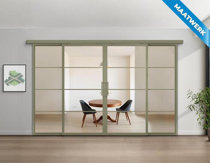 Dubbele stalen Schuifdeuren met koofsysteem en glaspanelen 4, Doe-het-zelf en Verbouw, Kozijnen en Schuifpuien, Nieuw, Inclusief glas