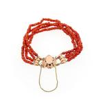 Bloedkoraal kralen armband met bicolor gouden sierslot; A..., Gebruikt, Overige kleuren, Ophalen of Verzenden, Met edelsteen