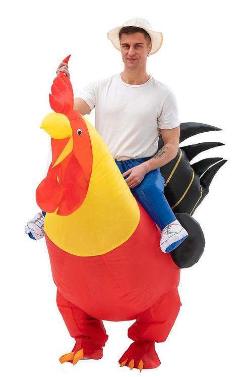 KIMU® Opblaas Kostuum Zittend op Haan Rood Geel Opblaasbaar, Kleding | Heren, Carnavalskleding en Feestkleding, Kleding, Nieuw