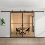 Dubbele stalen schuifdeur 6 Vlaks Brons Brons rook glas Luxe, 75 tot 150 cm, Nieuw, 150 tot 225 cm, Metaal