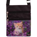 Schoudertasje - Rode Kitten tussen Paarse Bloemen - Zwart -, Ophalen of Verzenden, Nieuw, Zwart