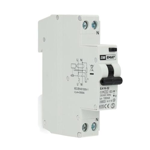 EMAT aardlekautomaat 1-polig+nul 25A C-kar 100mA (85006049), Doe-het-zelf en Verbouw, Elektra en Kabels, Verzenden