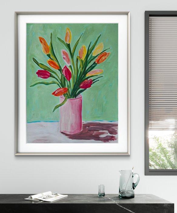 Kirsty Wain - Tulips in a Pink Vase - NO Reserve, Antiek en Kunst, Kunst | Schilderijen | Modern