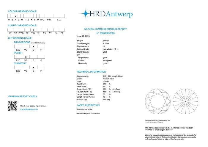 1 pcs Diamant (Natuurlijk) - 1.11 ct - Rond - F - VS2 - HRD, Sieraden, Tassen en Uiterlijk, Edelstenen