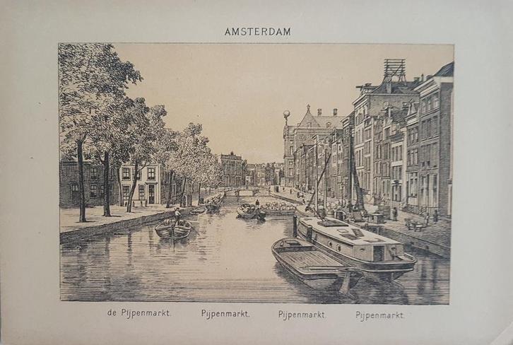 J F Haeseker - Amsterdam, de Pijpenmarkt (1883), Antiek en Kunst, Kunst | Litho's en Zeefdrukken, Ophalen of Verzenden