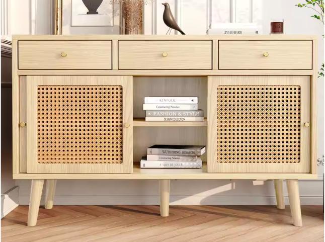 Dressoir 120x40x78 cm – Rotan Deuren & 3 Lades, Retro Kast, Huis en Inrichting, Keuken | Keukenelementen, Nieuw, Verzenden