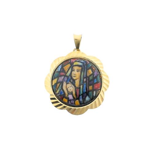 Gouden hanger van Maria en Jezus met gekleurde emaille |..., Sieraden, Tassen en Uiterlijk, Bedels, Gebruikt, Overige merken, Goud