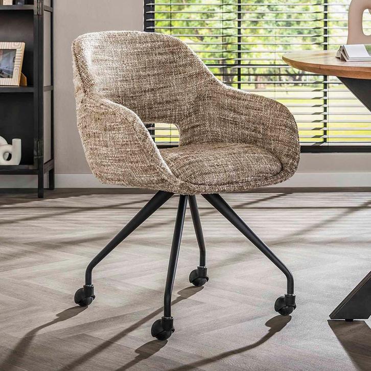 *WOONWINKEL* Moderne Eetkamerstoel Op Wieltjes Zandkleur, Huis en Inrichting, Stoelen, Bruin, Nieuw, Stof, Verzenden