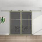 Dubbele stalen schuifdeur - 3 Vlaks - Olijfgroen - Rook glas, 75 tot 150 cm, Nieuw, 150 tot 225 cm, Metaal