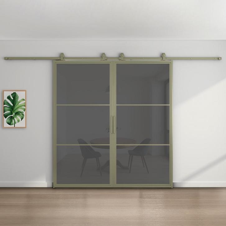 Dubbele stalen schuifdeur - 3 Vlaks - Olijfgroen - Rook glas, Doe-het-zelf en Verbouw, Kozijnen en Schuifpuien, Inclusief glas