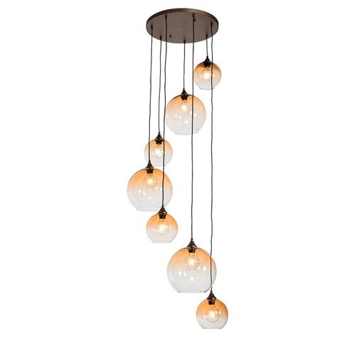Art Deco hanglamp donkerbrons met amber glas 7-lichts -, Huis en Inrichting, Lampen | Hanglampen, Nieuw, Glas, 75 cm of meer