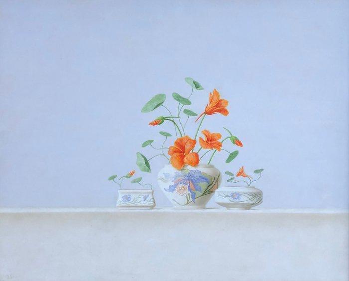 Ruud Verkerk - Gouds plateel met Oost-Indische Kers., Antiek en Kunst, Kunst | Schilderijen | Modern