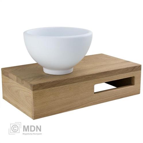 Fonteinset houten planchet met mat wit Solid surface opzet w, Huis en Inrichting, Badkamer | Badkamermeubels, Nieuw, Verzenden