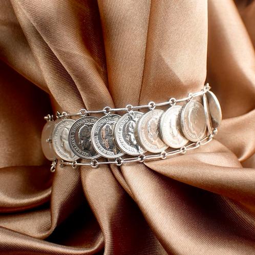 Zilveren Koningin Wilhelmina munten armband | 17 cm, Sieraden, Tassen en Uiterlijk, Armbanden, Zilver, Gebruikt, Zilver, Verzenden