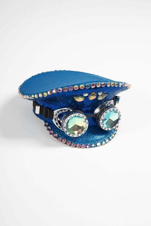 Pet Blauwe Kapiteinspet met Goggles 57 Diamanten Blauw Glitt, Kleding | Dames, Mutsen, Sjaals en Handschoenen, Nieuw, Ophalen of Verzenden