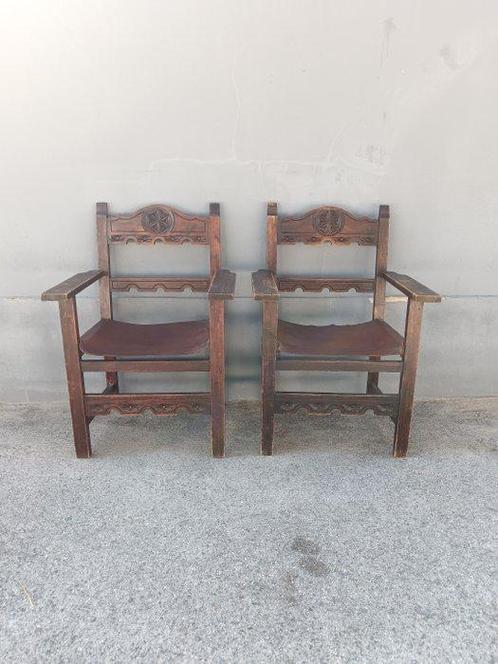 Stoel (2) - Hout, Leder - Bij de zachte fauteuils, Antiek en Kunst, Antiek | Overige Antiek