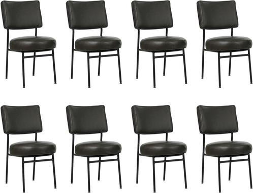 Set van 8 Donkergrijze leren moderne retro eetkamerstoelen -, Huis en Inrichting, Stoelen, Vijf, Zes of meer stoelen, Overige kleuren