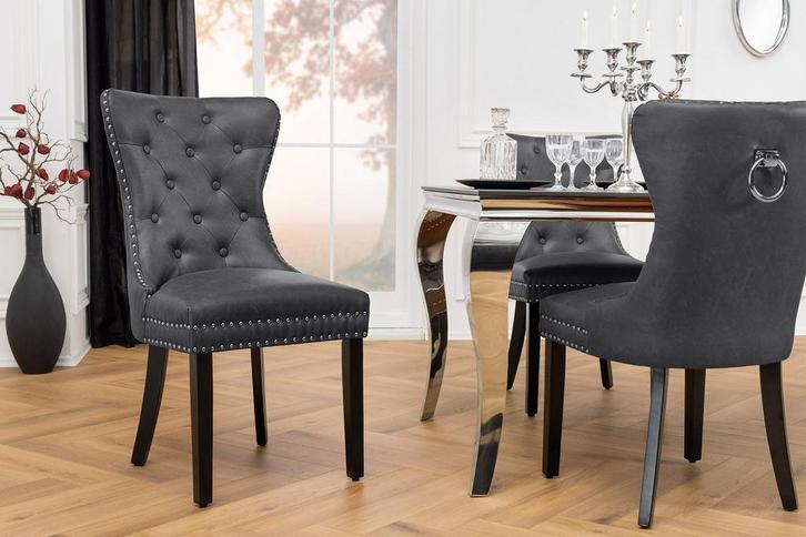 Chesterfield Stoel CASTLE Zwart Kunstleer Massief Hout met, Huis en Inrichting, Stoelen, Ophalen of Verzenden