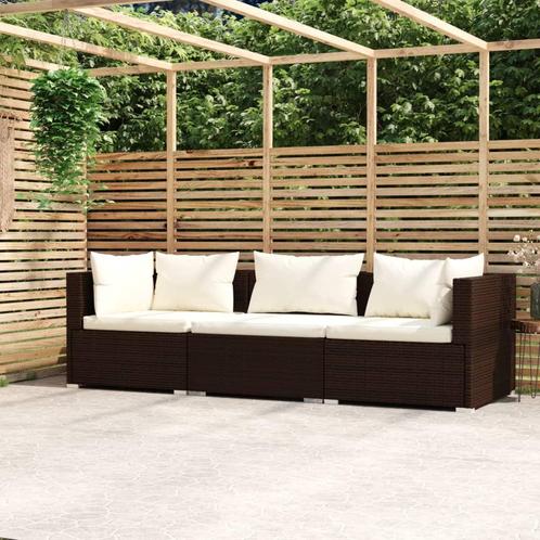 vidaXL Driezitsbank met kussens poly rattan bruin, Tuin en Terras, Tuinsets en Loungesets, Nieuw, Rotan, Verzenden