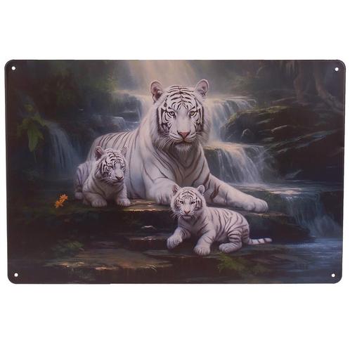 Metalen Plaatje - Witte Tijger met Welpen bij Waterval - 20x, Huis en Inrichting, Woonaccessoires | Tekstborden en Spreuken, Nieuw