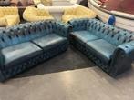 Chesterfield  Vintage Blauw leren 2X 2.5 Chesterfield Banken, Huis en Inrichting, Banken | Bankstellen, Ophalen, Gebruikt, Leer