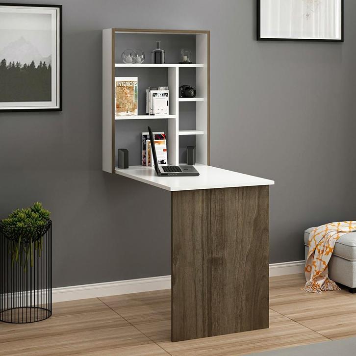 [en.casa] Klaptafel voor wandmontage Greve wit en walnootkle, Huis en Inrichting, Bureaus, Verzenden