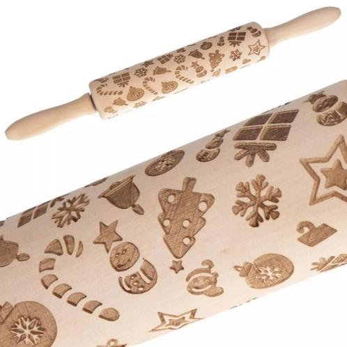 Ruhhy Houten Deegroller met Kerstpatronen - Feestelijk Ba..., Huis en Inrichting, Keuken | Keukenbenodigdheden, Nieuw, Ophalen of Verzenden