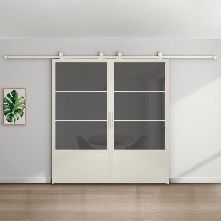 Dubbele stalen schuifdeur 3 Vlaks met kickplate Wit Rook gla, Doe-het-zelf en Verbouw, Kozijnen en Schuifpuien, Nieuw, 75 tot 150 cm