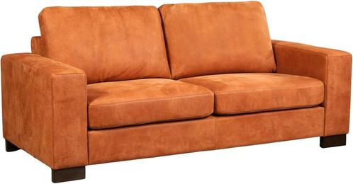 Oranje leren moderne 2.5-zitsbank - poot hout bruin - Kenia, Huis en Inrichting, Banken | Bankstellen, 200 tot 250 cm, 75 tot 100 cm
