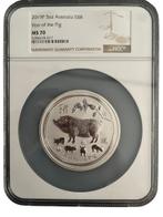 Lunar II Year of the Pig - 5 oz 2019 NGC MS70 gecertificeerd, Postzegels en Munten, Verzenden, Losse munt, Zilver