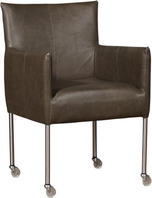 Grijze leren moderne kuipstoel - poot rond rvs met wiel - Gr, Huis en Inrichting, Stoelen, Eén, Overige kleuren, Nieuw, Leer, Ophalen of Verzenden