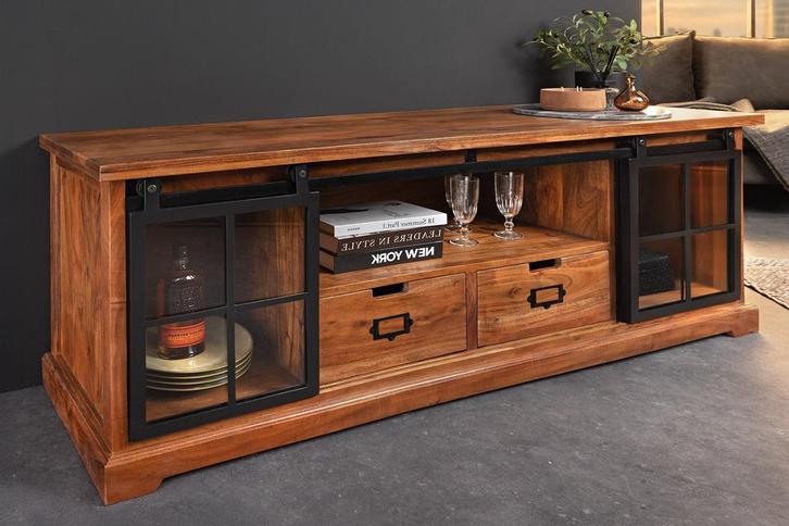 Massief lowboard HERITAGE 160 cm natuurlijke acaciahout, Huis en Inrichting, Kasten | Overige, Ophalen of Verzenden