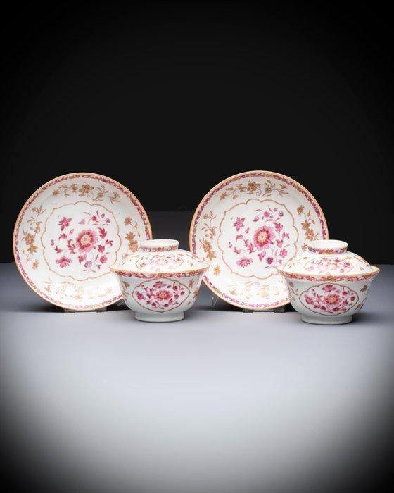 Fijn paar antieke vergulde Famille Rose met deksel kopjes en, Antiek en Kunst, Antiek | Overige Antiek