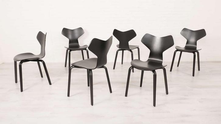 6 zwarte eetkamerstoelen van Arne Jacobsen voor Fritz Hansen, Huis en Inrichting, Stoelen, Ophalen of Verzenden