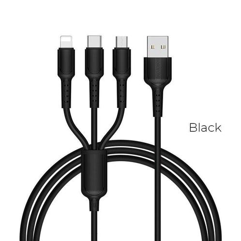 3 in 1 (USB-C / Lightning / Micro USB) Laadkabel Zwart, Telecommunicatie, Mobiele telefoons | Toebehoren en Onderdelen, Nieuw