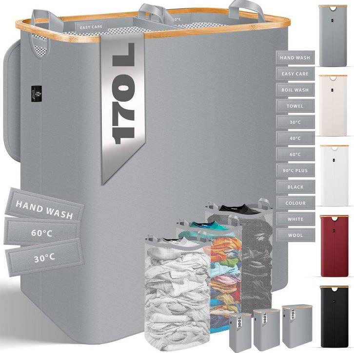 Wasmand 3 vakken - Met deksel - 170 Liter - Grijs - KESSER®, Huis en Inrichting, Overige Huis en Inrichting, Nieuw, Verzenden