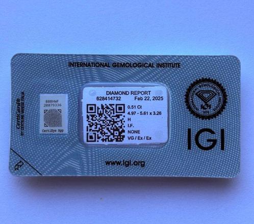 1 pcs Diamant (Natuurlijk) - 0.51 ct - Hart - H - IF -, Sieraden, Tassen en Uiterlijk, Edelstenen