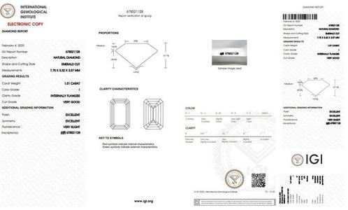 1 pcs Diamant (Natuurlijk) - 1.51 ct - Smaragd - I - IF -, Sieraden, Tassen en Uiterlijk, Edelstenen