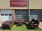 Bankstel CHESTERFIELD  banken + 2 oorfauteuils bruin leer, Chesterfield, Zo goed als nieuw, Rechte bank, Leer