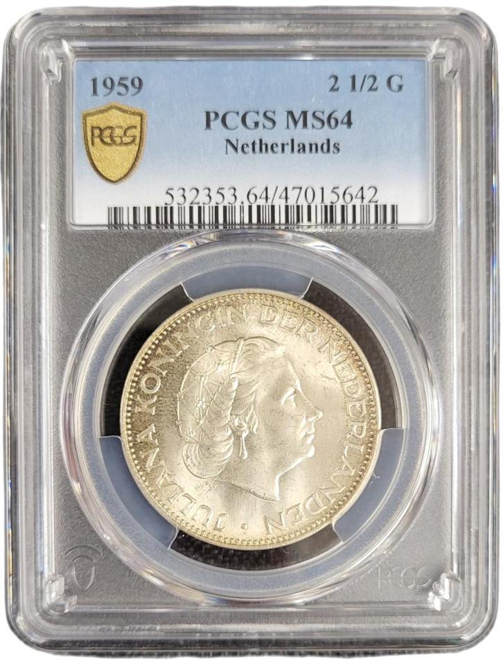 Koningin Juliana zilveren 2 1/2 gulden 1959 MS64 PCGS, Postzegels en Munten, Munten | Nederland, Losse munt, Koningin Juliana