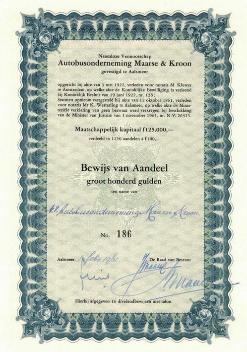 Autobusonderneming Maarse & Kroon, Aalsmeer, aandeel 1922, Postzegels en Munten, Aandelen en Waardepapieren, Aandeel, 1920 tot 1950