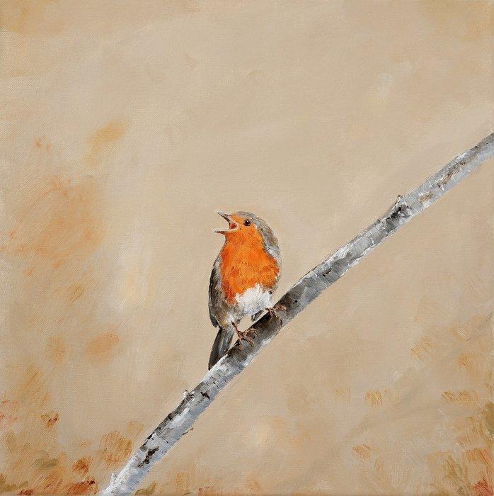 Matthieu van Riel - Zingend roodborstje, Antiek en Kunst, Kunst | Schilderijen | Modern