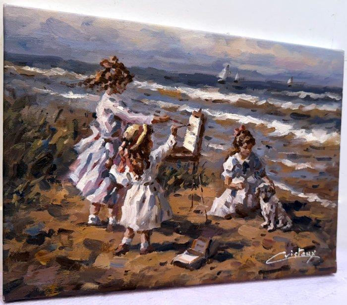 Francis Cristaux (1950) - Plage Normande - Jeunes Filles, Antiek en Kunst, Kunst | Schilderijen | Klassiek