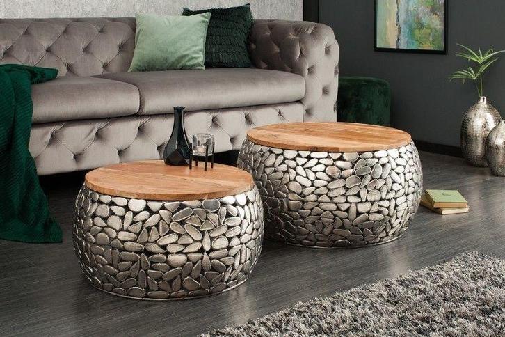 Set van 2 ronde salontafels STONE MOSAIC 65cm zilver, Huis en Inrichting, Tafels | Salontafels, Ophalen of Verzenden